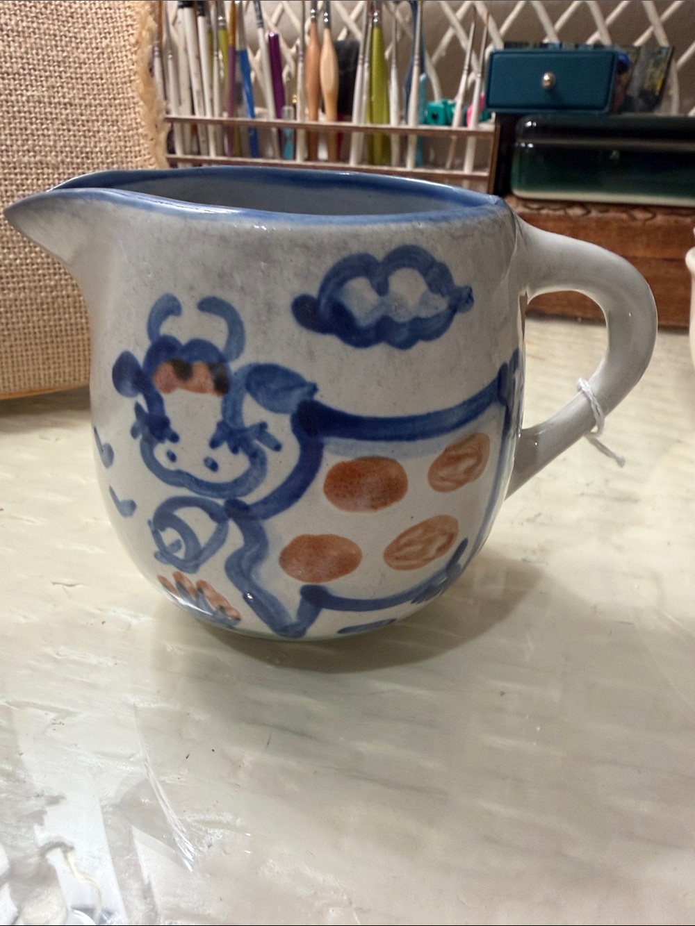MA Hadley Hand-Painted Blue and Brown Ceramic Creamer Pitcher